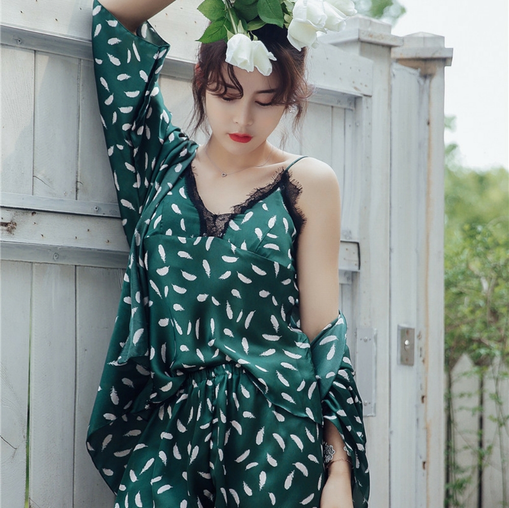 3 Piece Silky Green Pajama Set with Lace